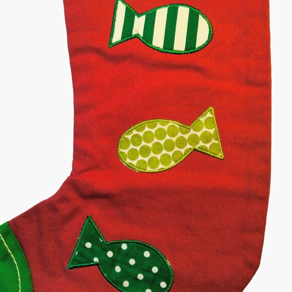 Handmade Christmas Stocking Fish Design Red Green Fisherman Cat Lover - Picture 2 of 7